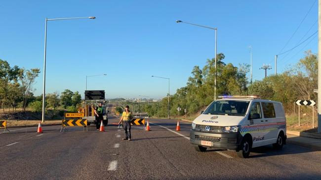 A roadblock on Berrimah Rd near Marlow Rd because of a double fatal at the intersection of Berrimah Rd and Tiger Brennan Drive. Picture: Katrina Bridgeford