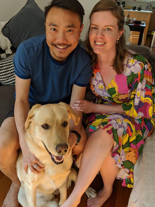 Sarah Foster and Justin Tham with their dog Astrid.