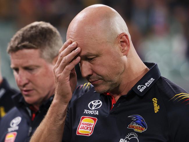 ADELAIDE, AUSTRALIA - APRIL 19: Matthew Nicks, Senior Coach of the Crows reacts during the 2024 AFL Round 06 match between the Adelaide Crows and the Essendon Bombers at Adelaide Oval on April 19, 2024 in Adelaide, Australia. (Photo by James Elsby/AFL Photos via Getty Images)