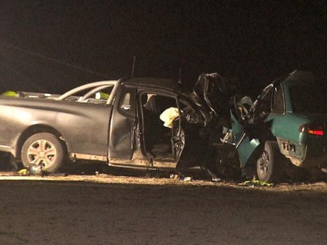 A 19-year-old from Mannum has died after two cars collided head-on in a sickening crash at Brinkley in the Murraylands. Picture: 7NEWS