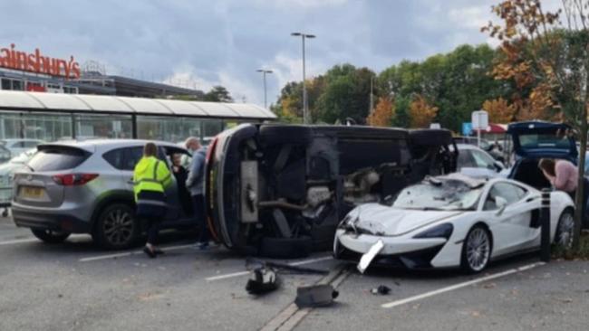 McLaren crashes in Sainsbury's carpark in UK. Picture: Triangle News