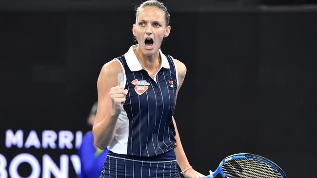 Karolina Pliskova celebrates against Madison Keys in the final of the Brisbane International. Picture: AAP