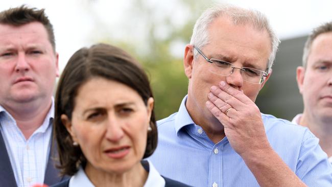 Prime Minister Scott Morrison and NSW Premier Gladys Berejiklian speak to the media during the 2019-20 bushfire emergency. Picture: AAP Image/Joel Carrett