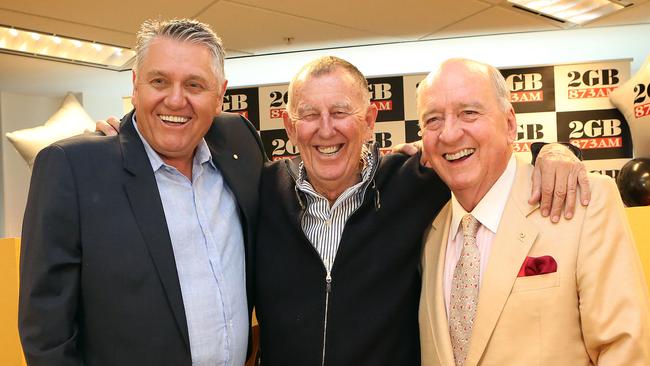 08/11/2016: Ray Hadley, John Singleton and Alan Jones at 2GB in Pyrmont, celebrating 100 consecutive radio ratings wins.Pic by James Croucher