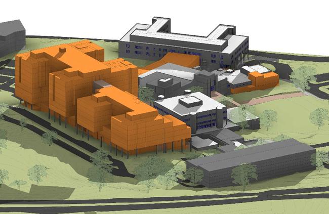 Preliminary plans for the hospital’s upgrade show (in orange) a new clinical services building.