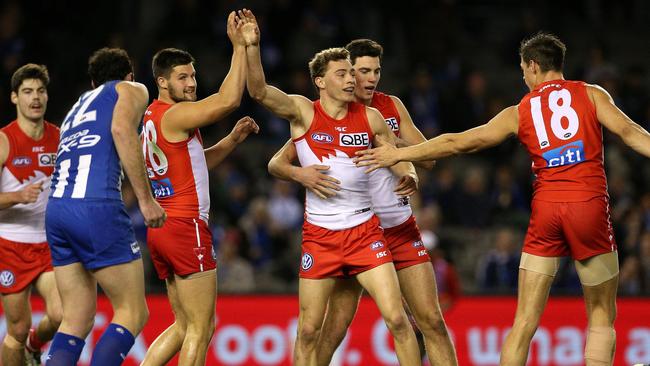 Will Hayward celebrates a goal with teammates.