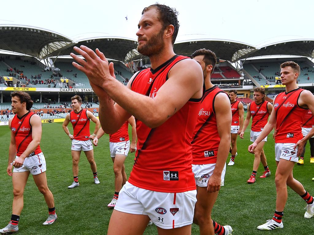 Tom Bellchambers thanks fans after the Bombers’ round 8 clash.