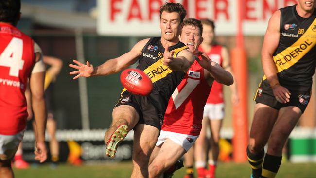 Glenelg’s Luke Partington kicks clear in the win against North. Picture: Dean Martin