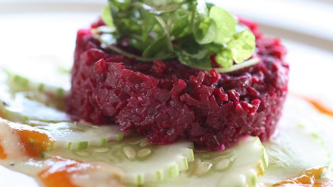 Beetroot Tartar on Cucumber.