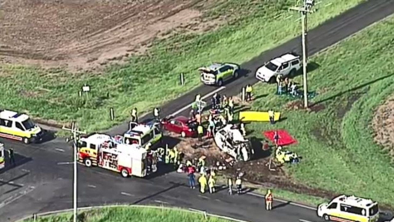 The dramatic scene of a major crash involving a minibus carrying 15 people and a car. Picture: 9 News Queensland