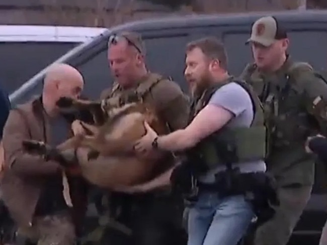 US police carry police dog after he was shot by suspect in Houston manhunt