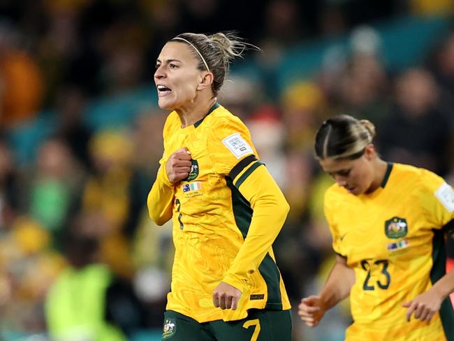 Steph Catley (L) celebrates Australia’s opener. Picture: Getty