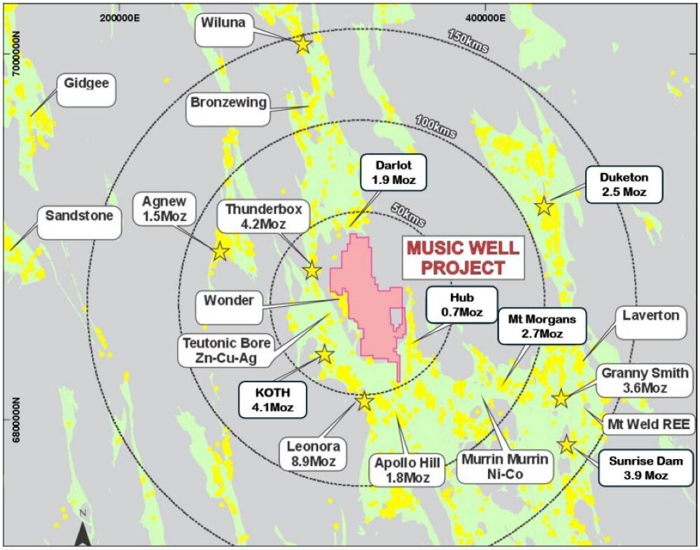 Augustus' Music Well purchase and surrounding gold projects. Source: AUG.