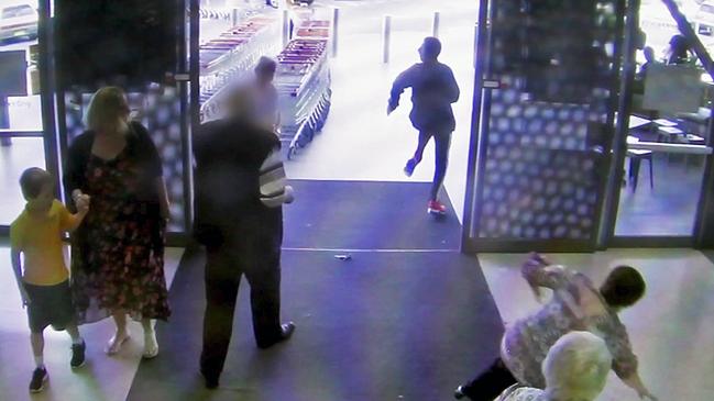 Footage captured a woman falling to the ground during a robbery in April.