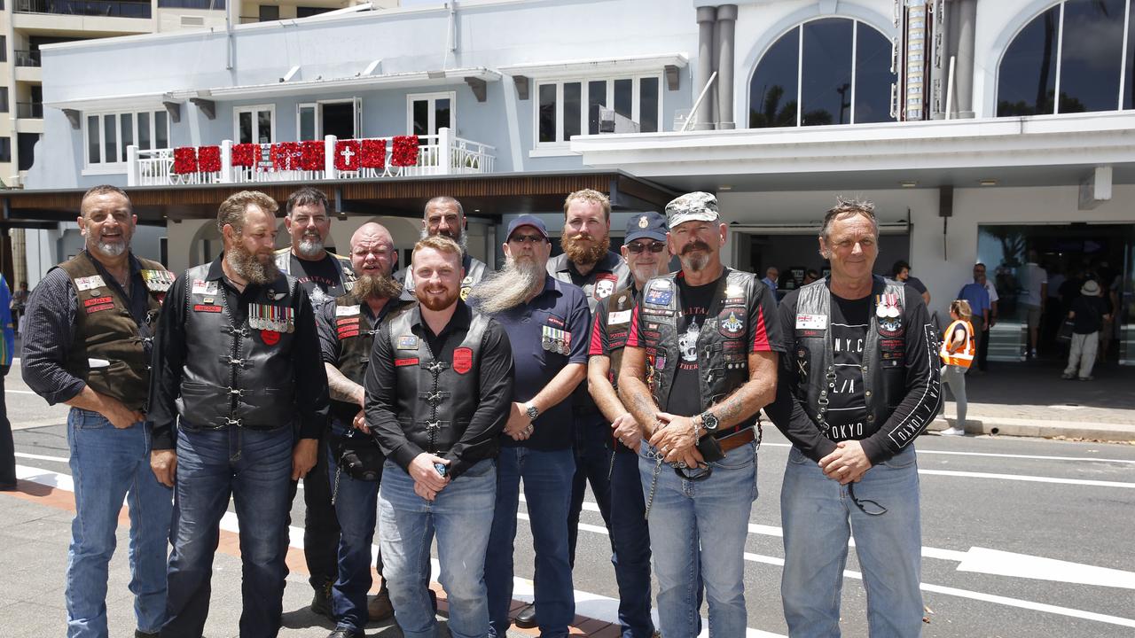 Members of the Patriots Motorcycle Club ,The Military Brotherhood FNQ , and the Veterans Motorcycle Club at the Remembrance Day commemorations at the Cairns Cenotaph PICTURE: ANNA ROGERS