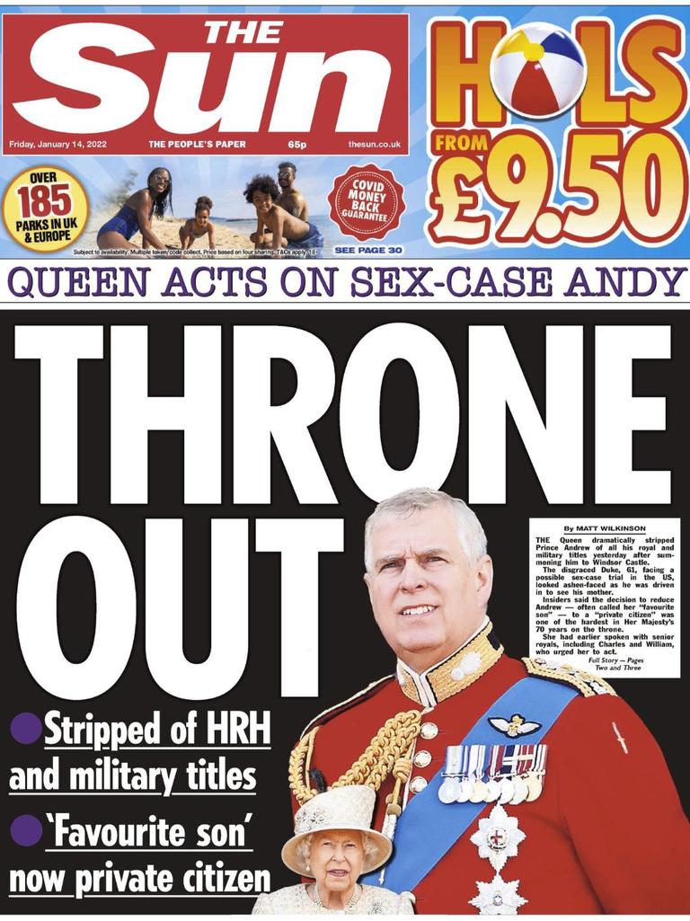 English newspapers reacting to Prince Andrew being stripped of his military and royal titles.