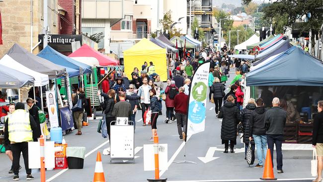 The Farm Gate Market, held on Sundays in Bathurst St in Hobart, is a great spot for brunch or lunch. Picture: Zak Simmonds