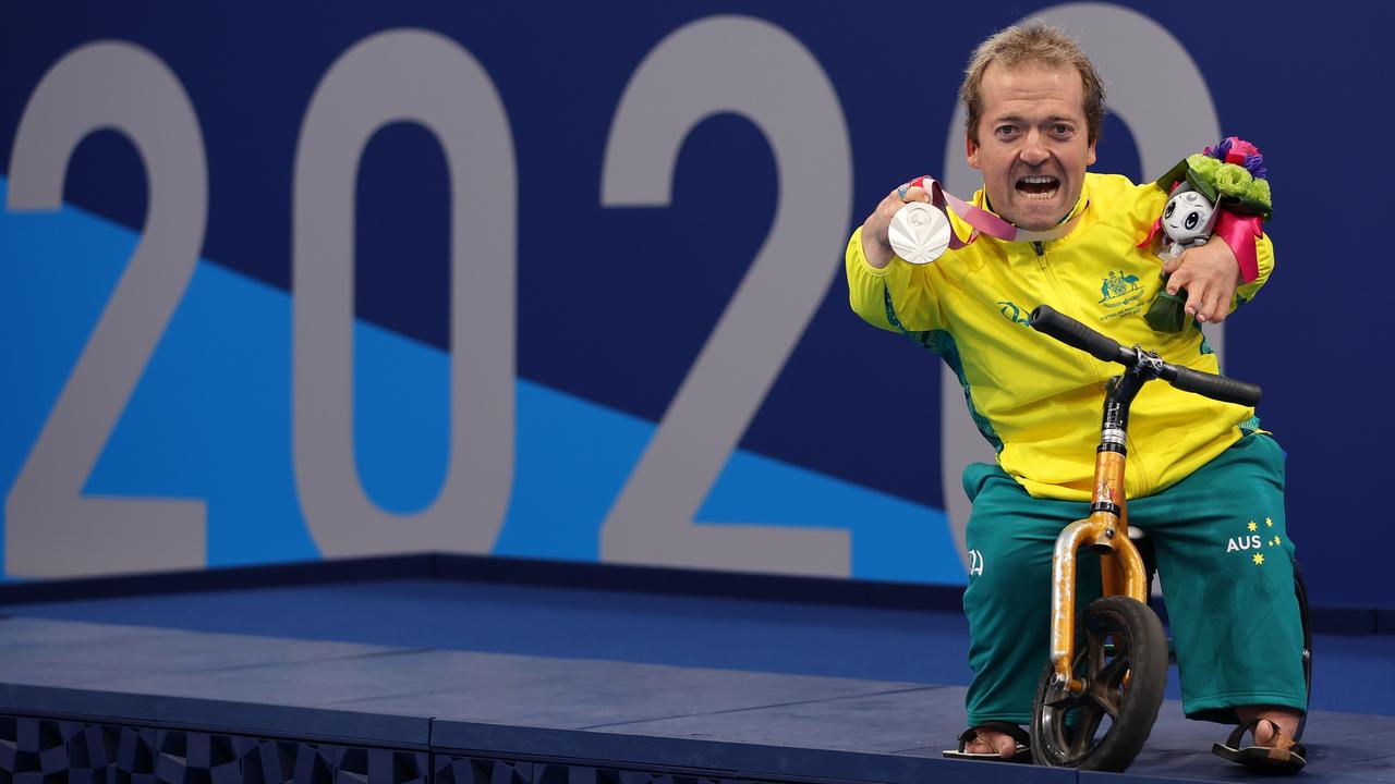 Grant “Scooter” Patterson celebrates with his silver from the men’s 50m breaststroke final at the Tokyo Paralympic Games. Picture: Getty Images