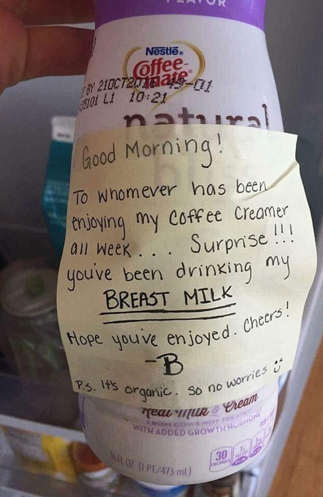 You've been drinking my breast milk': Office food thief gets owned by funny  note | Herald Sun