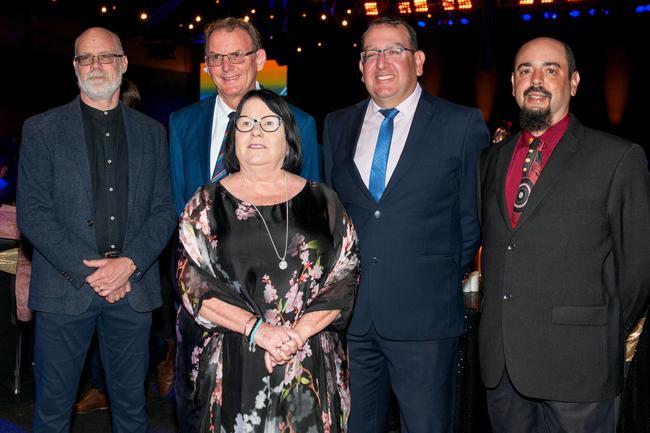 Sean Geoghegan, Brendan Gunning, Janelle Aguis, Scott McSherry and Chris Sorbello at St Patrick's formal, July 30, 2022. Picture: Michaela Harlow