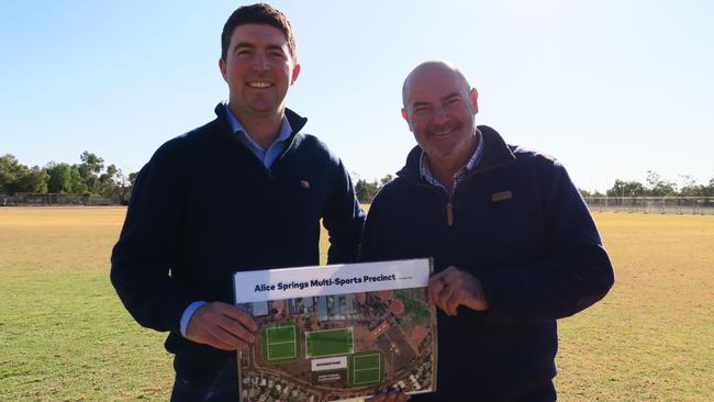 Braitling MLA Josh Burgoyne and Namatjira MLA Bill Yan at Jim McConville Oval, Gillen, Alice Springs, June 28, 2024.