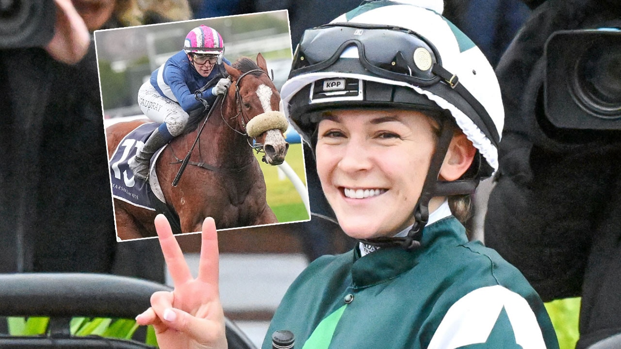 Celine Gaudray celebrates at Flemington victory aboard Veloce Carro in June and (inset) Gaudray pilots Wyclif to victory at Caulfield on June 29. Pictures: Reg Ryan, Scott Barbour / Racing Photos