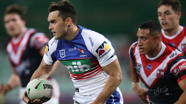 SYDNEY, AUSTRALIA - SEPTEMBER 12: Tex Hoy of the Knights runs the ball during the round 18 NRL match between the Sydney Roosters and the Newcastle Knights at the Sydney Cricket Ground on September 12, 2020 in Sydney, Australia. (Photo by Cameron Spencer/Getty Images)