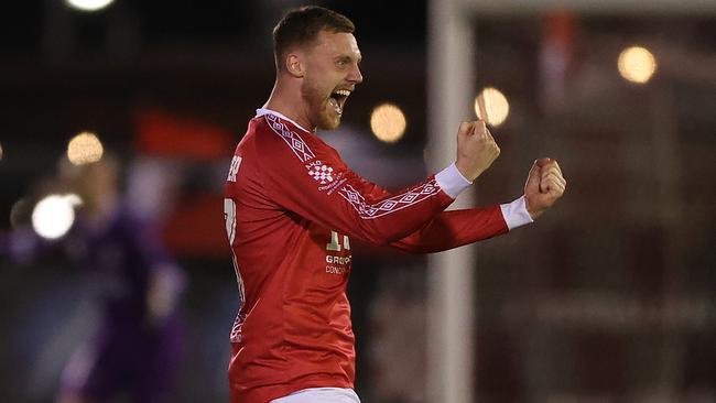 MELBOURNE, AUSTRALIA - SEPTEMBER 14: Lars Kinnander of the Knights celebrates after the Knights defeated Heidelberg United during the Australia Cup 2023 Quarter Final match between Melbourne Knights FC and Heidelberg United FC at Knights Stadium, on September 14, 2023 in Melbourne, Australia. (Photo by Robert Cianflone/Getty Images)