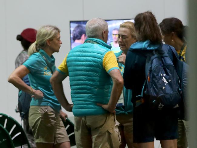 Rio Olympics Games 2016. Australian Athletes being held by Police at a police station opposite Olympic Park. Kitty Chiller chats with officials the Athletes village earlier tonight. RIO DE JANEIRO, Brazil. Picture Cameron Tandy.