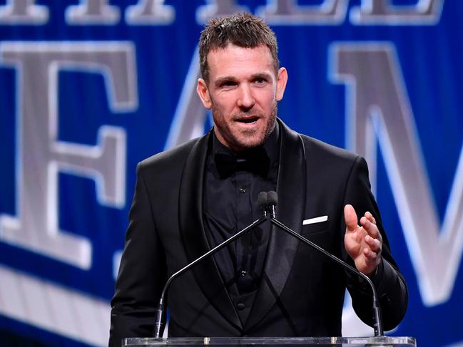 Dane Swan addresses the room during the Australian Football Hall of Fame at Centrepiece. (Photo by Josh Chadwick/AFL Photos/via Getty Images)