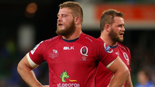 PERTH, AUSTRALIA - JULY 05: James Slipper and Curtis Browning of the Reds look on during the round 18 Super Rugby match between the Western Force and the Queensland Reds at nib Stadium on July 5, 2014 in Perth, Australia. (Photo by Paul Kane/Getty Images)