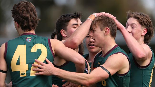 MELBOURNE, AUSTRALIA - SEPTEMBER 09: James Leake of the Tassie Devils celebrates kicking a goal during the Coates Talent League Girls Quarter Final match between Tasmania Devils and Gippsland Power at Highgate Reserve on September 09, 2023 in Melbourne, Australia. (Photo by Kelly Defina/AFL Photos/via Getty Images )