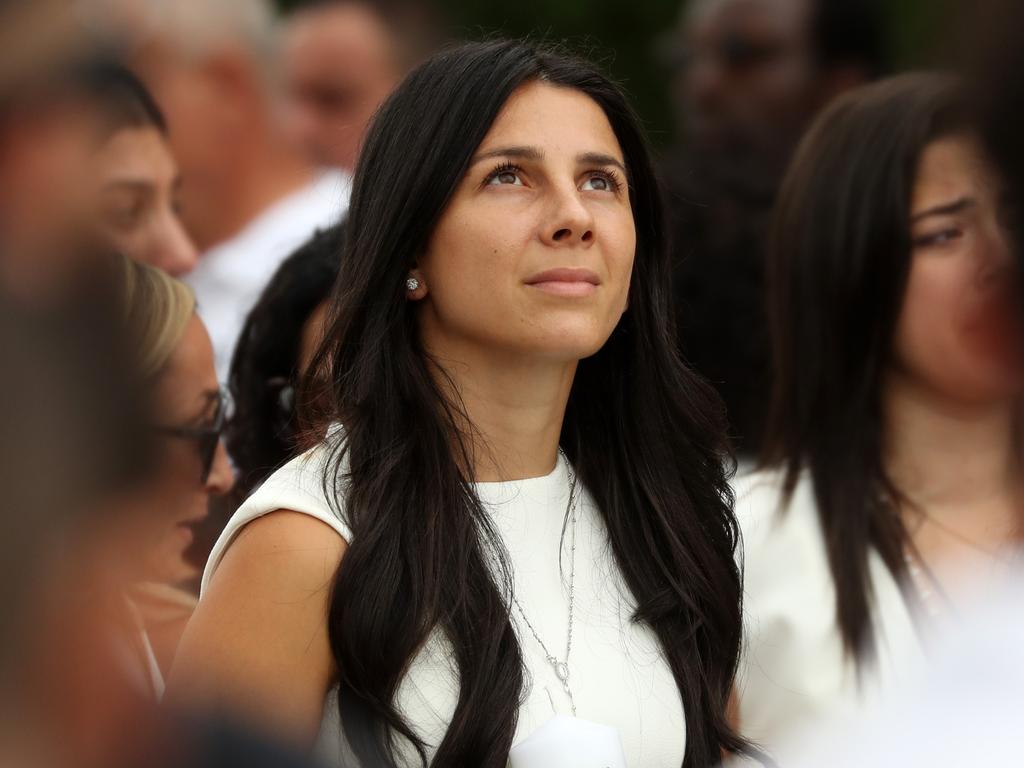 Mother Leila Abdallah reflecting as the song Oceans by Hillsong worship choir plays at the funeral for her children Anthony, Angelina and Sienna Abdallah. Picture: Jonathan Ng