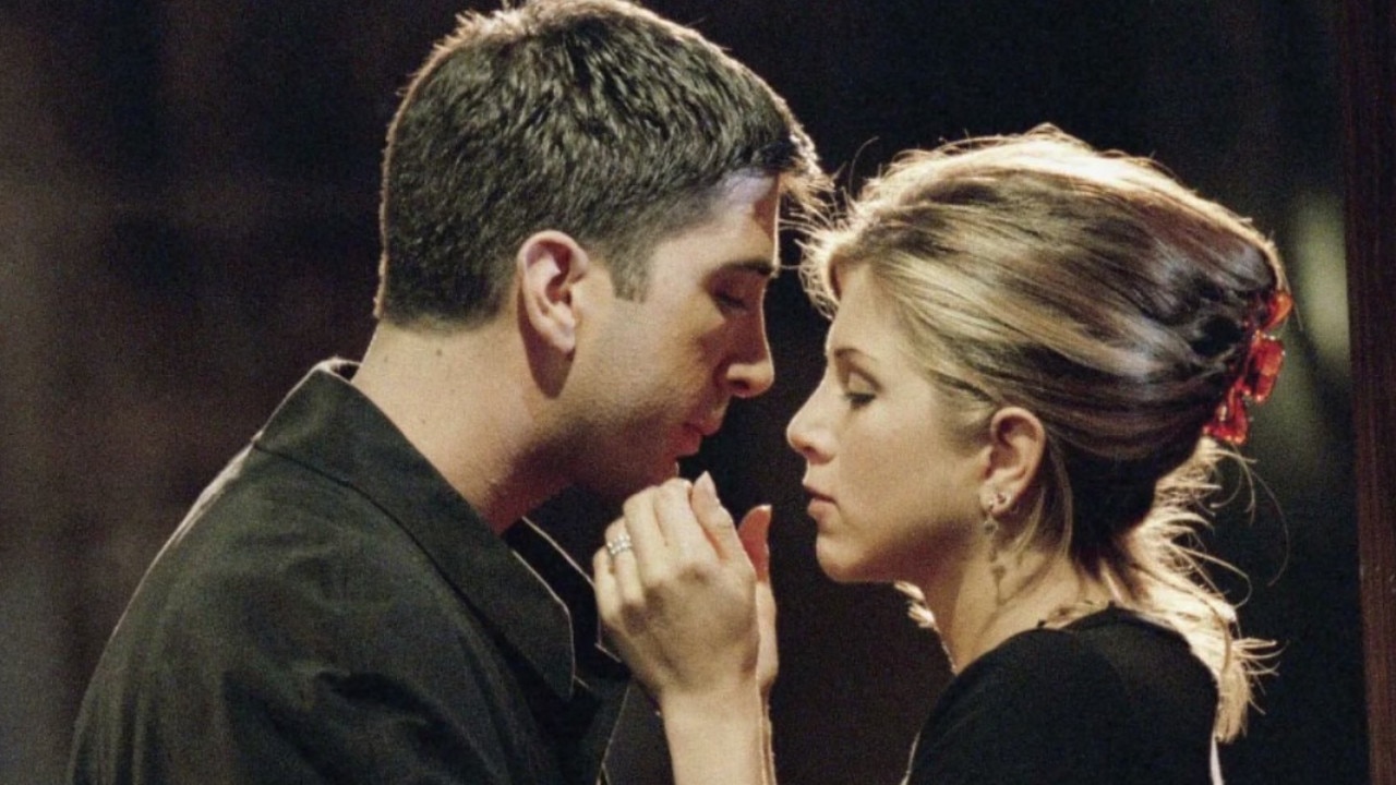 Ross and Rachel’s first kiss in Friends. Picture: NBC