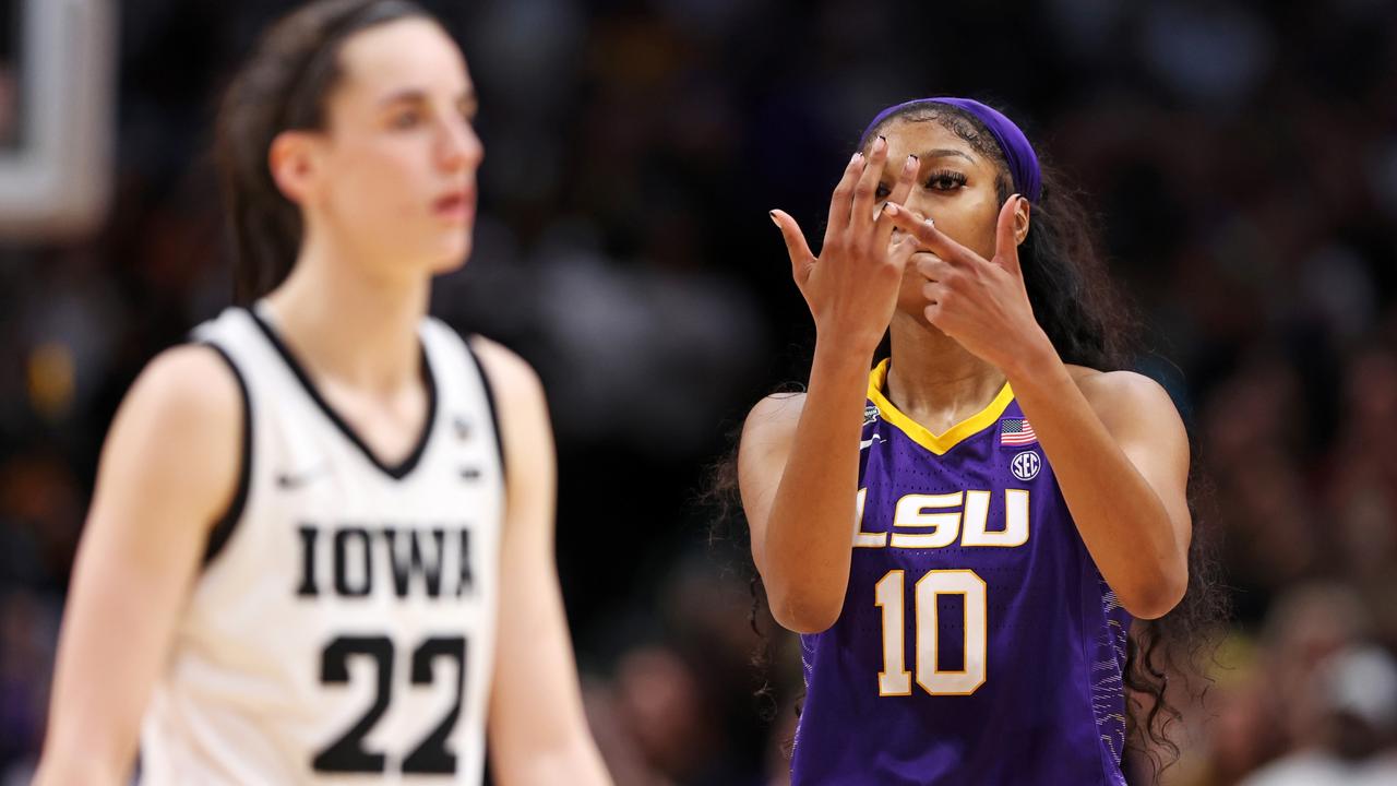 The image of Angel Reese taunting Caitlin Clark has gone viral. Picture: Maddie Meyer/Getty Images