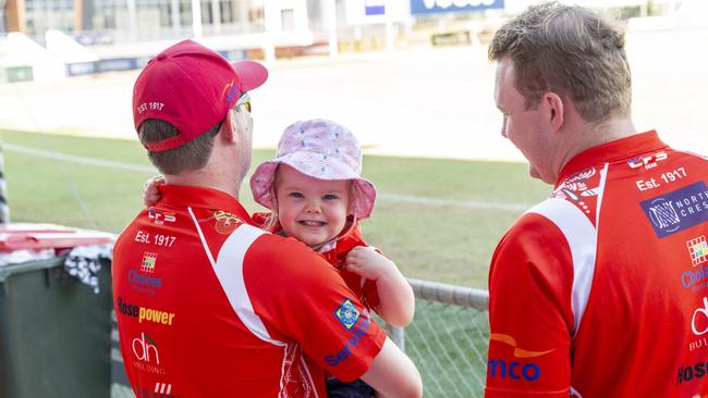 Father and daughter Rohan and Lucy Langworthy enjoying the NTFL prelim finals on Saturday afternoon. Picture: Floss Adams.