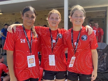 Byron Bay's Coco Lennie, Molly Bartholomew and Alice Woods at the 2024 Premier Invitational junior soccer tournament on the Gold Coast. Picture: Grace Hamilton.