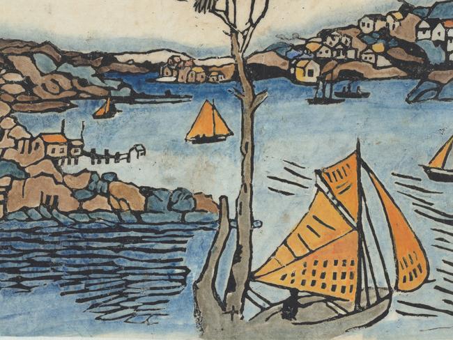 Margaret Preston, ‘The boat, Sydney Harbour’. c 1920, woodcut, printed in black ink, from one block, hand-coloured; undesignated impression, National Gallery of Australia, Canberra, Purchased 2004, © Margaret Preston