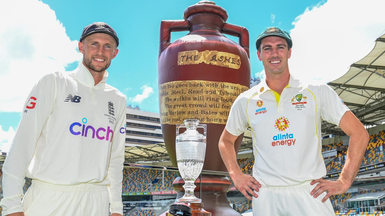 Pat Cummins and Joe Root ahead of the first Test. Picture: Getty Images