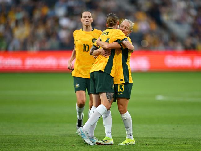 Tameka Yallop (R) of Australia celebrates scoring a goal with Sharn Freier of Australia. Picture: Getty Images