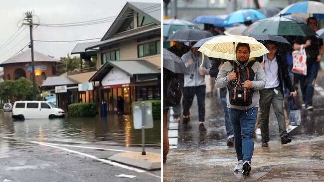 Byron Bay, left, recorded its heaviest rainfall in 47 years as rain caused commuter chaos in Sydney. Picture: Holiday Village Backpackers/Getty Images