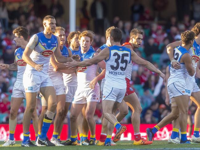 The Suns celebrate goal by Lachie Weller of the Suns during the Round 18 AFL match between the Sydney Swans and the Gold Coast Suns at the SCG in Sydney, Saturday, July 21, 2018. Picture: AAP Image, Craig Golding.