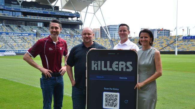 Councillor Liam Mooney, Frontier Touring CEO Dion Brant, Venue General Manager Cameron Jones and Townsville Enterprise CEO Claudia Brumme-Smith at the Queensland Country Bank Stadium for The Killers preview.