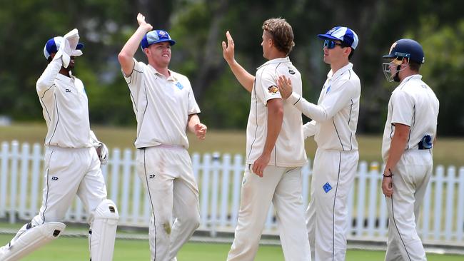 Norths celebrate a wicket Premier grade cricket between Norths and Sandgate. Saturday January 21, 2023. Picture, John Gass