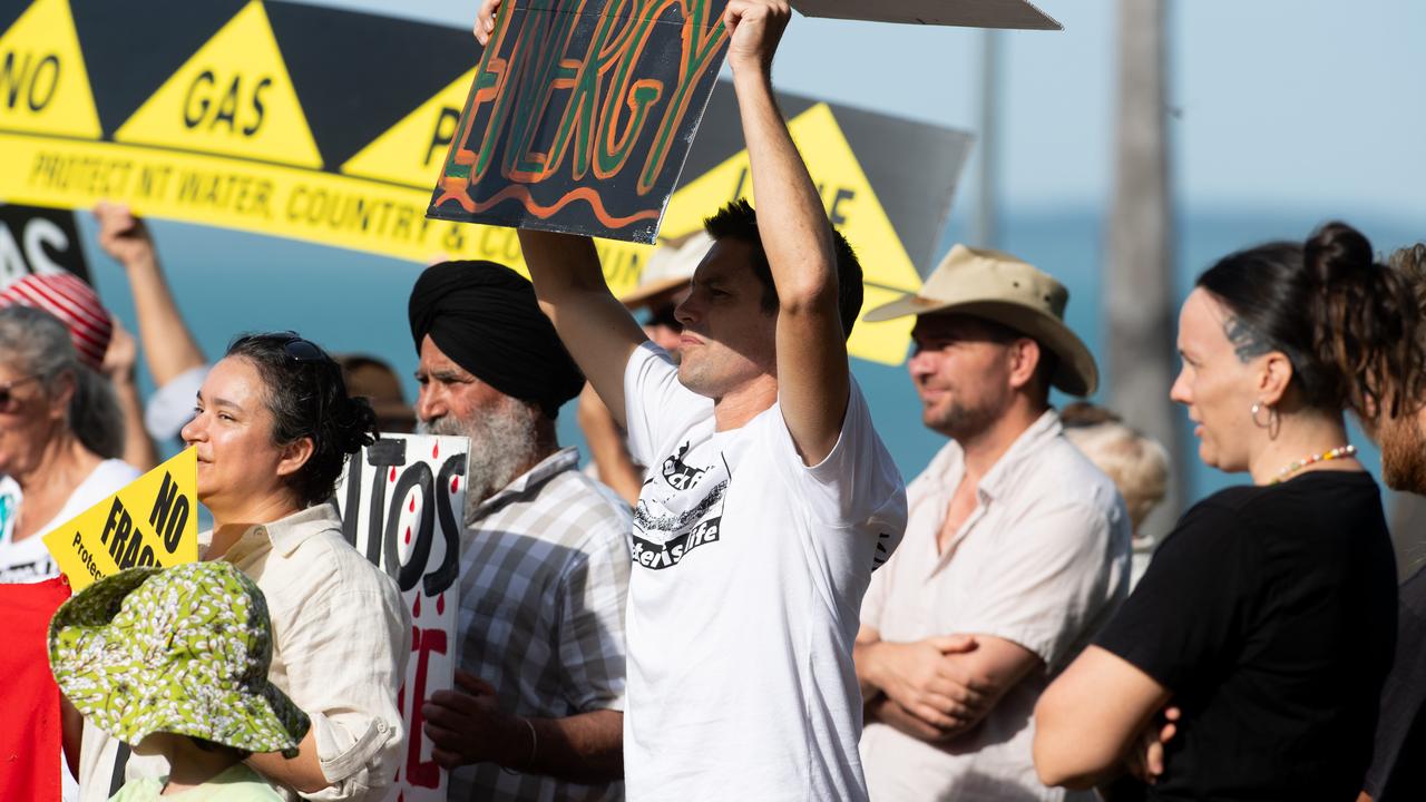 More than a hundred gathered to protest Middle Arm ahead of the second day of public hearings about the proposed development in Darwin. Picture: Pema Tamang Pakhrin