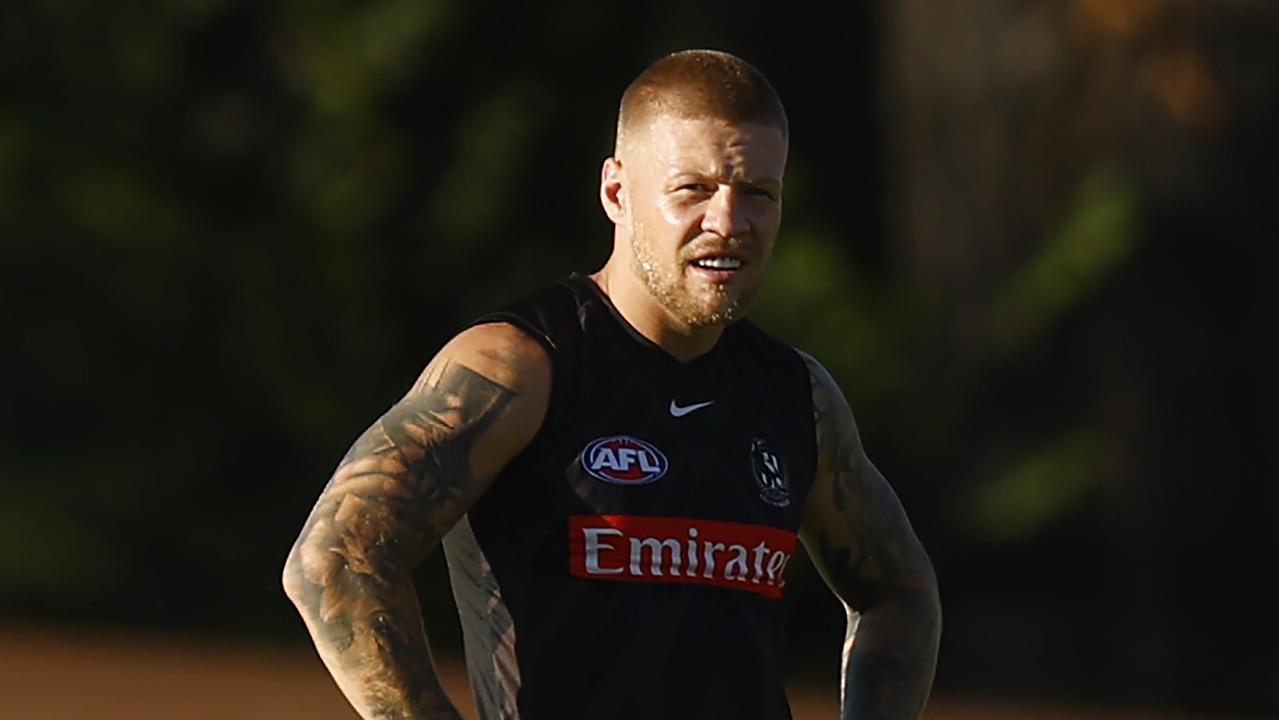 MELBOURNE, AUSTRALIA - FEBRUARY 12: Jordan De Goey of the Magpies looks on during a Collingwood Magpies AFL training session at Holden Centre on February 12, 2022 in Melbourne, Australia. (Photo by Mike Owen/Getty Images)