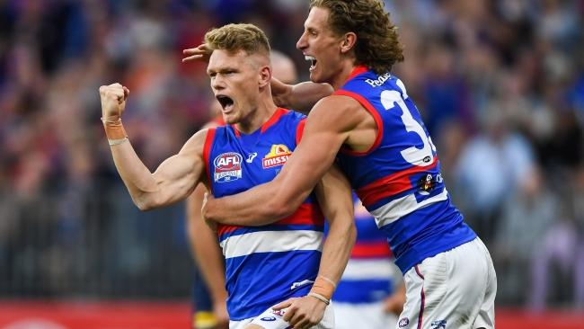 Adam Treloar celebrates one of his three goals. Picture: Getty Images 