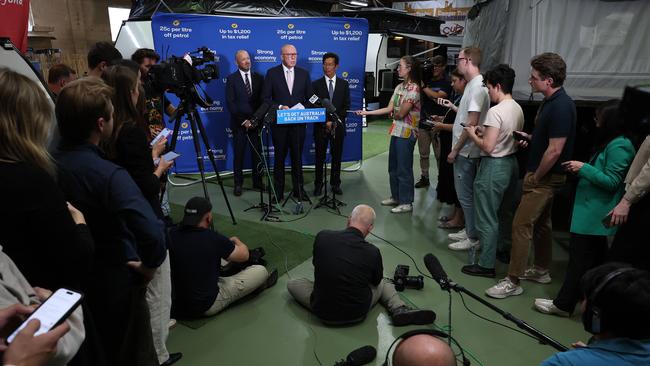 Peter Dutton speaks with the media in Myaree near Perth on Friday. Picture: Adam Head / NewsWire