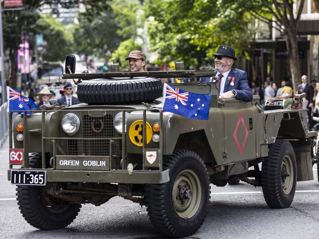 3 Squadron RAAF Association - QLD make their way through the Brisbane city streets for the ANZAC Day parade. Picture: NCA NewsWire/Matthew Poon