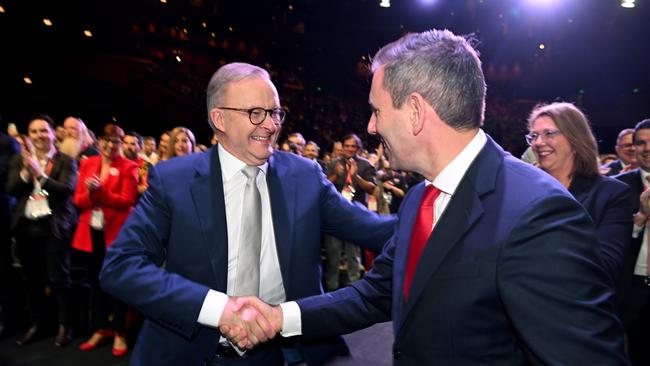 Anthony Albanese and Treasurer Jim Chalmers at the National Conference. Picture: Dan Peled / NCA NewsWire